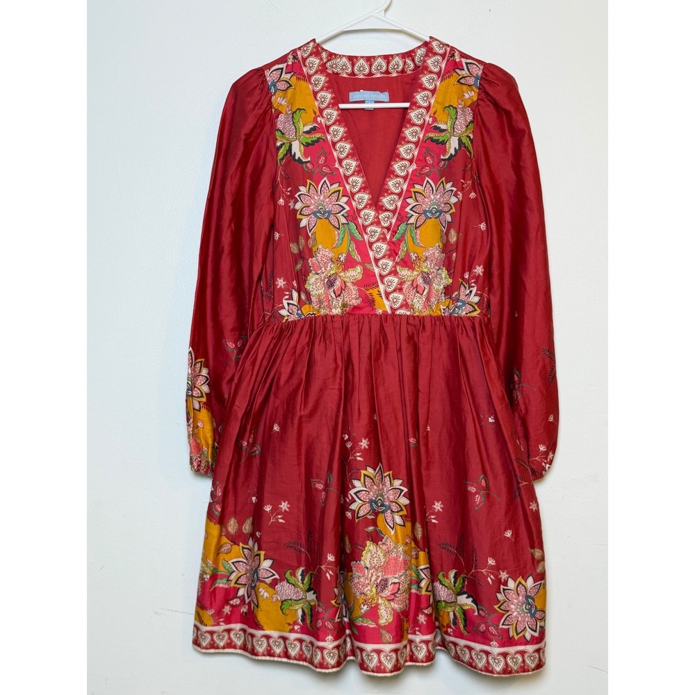 Antonio‎ Melani Emma Dress Sz 4 Red Boho Floral Voile Long Sleeve V-Neck NO BELT